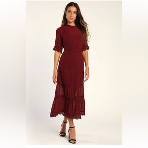 Lulus Swiss Dot Midi Dress, Wine Red, Size Small